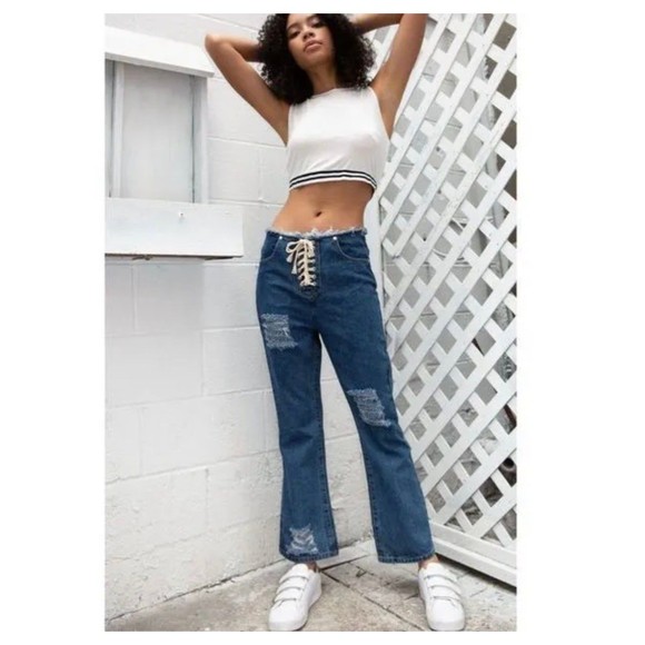 POL‎ Mid-rise Front Lace Up Wide Leg Jeans Women's S - Picture 1 of 12